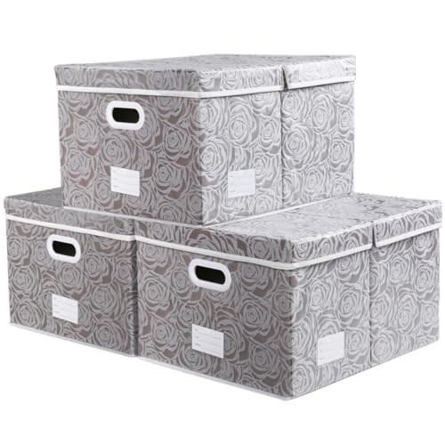 Jumbo Collapsible Storage Boxes with Lids Fabric Decorative Storage Bins Cubes Organizer Baskets with Cover Handles Divider for Bedroom Closet Living Room 23.2x15.7x11.8 Inch 3 Pack (3 Count)