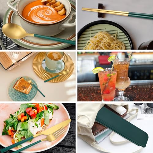 6 Pieces Stainless Steel Flatware Set Portable Reusable Cutlery Set Travel Utensils Set Including Chopsticks Knife Fork Spoon Straws Cleaning Brush Dishwasher Safe (8 Count)