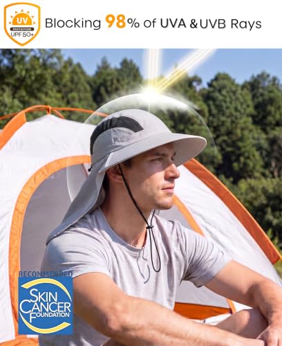 UPF 50+ Wide Brim Bucket Sun Hat with Neck Flap for Men Women UV Protection for Fishing Gardening Hiking Beach Safari Light Grey