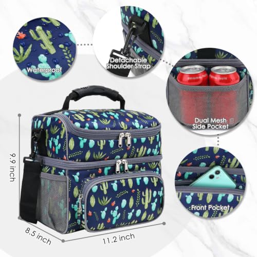 Double Layer Cooler Insulated Lunch Bag Adult Lunch Box Large Tote Bag for Men (Cactus)