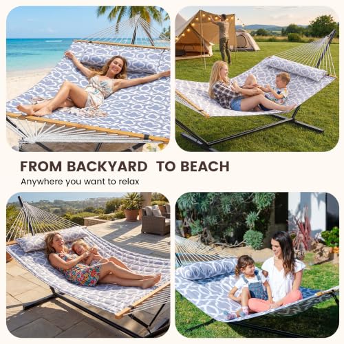 Double Hammock with Stand 500lbs Heavy Duty Outdoor Two Person White