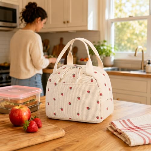 Lunch Bag for Women Cute Corduroy Lunch Tote Bags with Shoulder Strap Reusable Insulated Lunch Box Large Capacity Reusable Insulated Cooler for Work Picnic or Travel