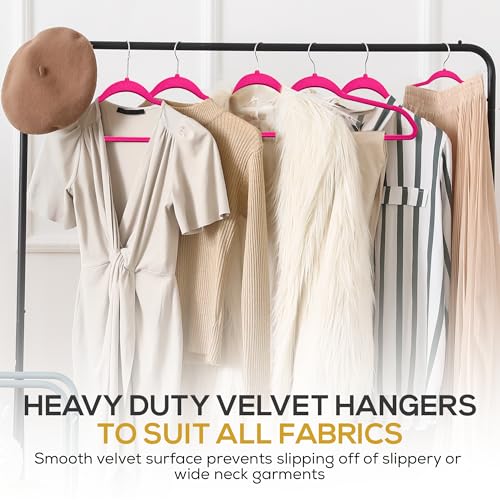 Premium Velvet Hangers 50 Pack Ultra Thin Non Slip Adult Felt Space Saving Suit Hanger for Closet Heavy Duty Coat Pants Jackets Dress Hangers 360° Swivel Hook Hold Upto 10 lbs Dark Pink (50 Count)