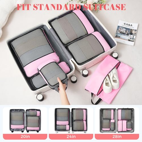 4 Set/6 Set/8 Set Compression Packing Cubes Travel Accessories Expandable Packing Organizers (Half Mesh, 6-Pink)
