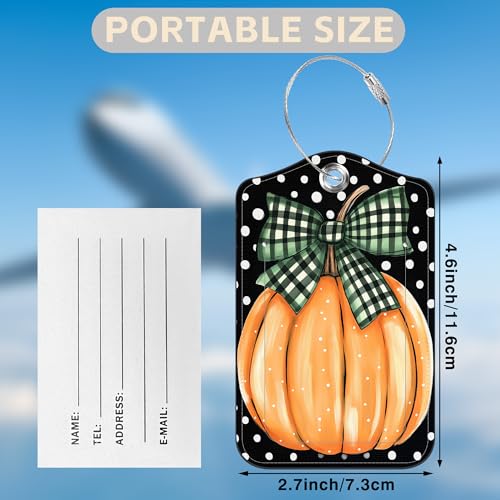2 Pcs Pumpkin with Checkered Bow Luggage Tags for Suitcases Polka Dots PU Leather Baggage Tags Name ID Label with Privacy Cover and Stainless Steel Loop for Men Women Travel Bag Suitcase (2 Count)