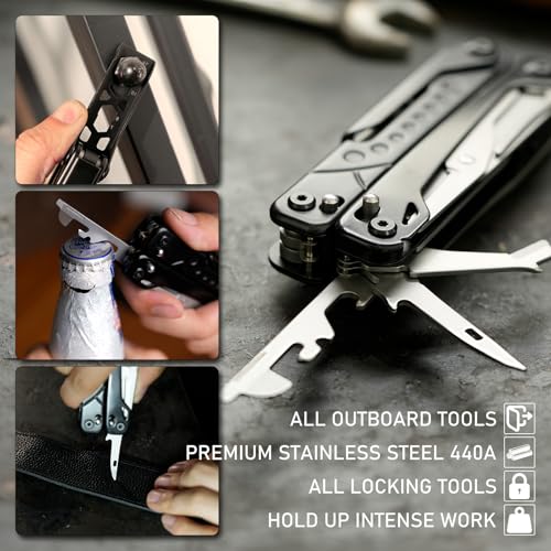 Multitool, 20-in-1 Stainless Steel Multi Tools Pliers with Nylon Sheath, Safe Locking, Professional Multi-Tool for Survival, Camping and Hunting, Black