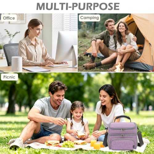 Double Layer Cooler Insulated Lunch Bag Adult Lunch Box Large Tote Bag for Men (Purple)