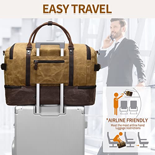 Nerlion Weekender Bag with Shoe Compartment Large Overnight Bag for Men Canvas Genuine Leather Carry on Luggage Bag Travel Duffel Bag