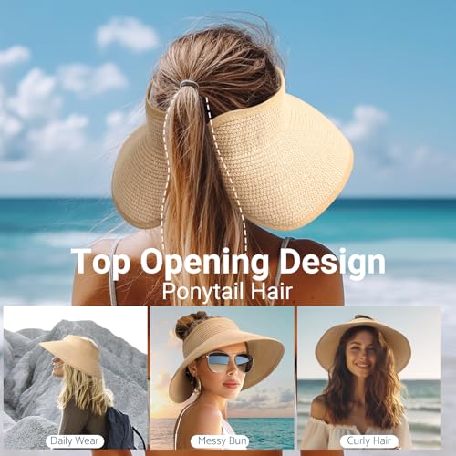 Sun Visor Hats for Women Wide Brim Straw Packable Beach Hat Beige