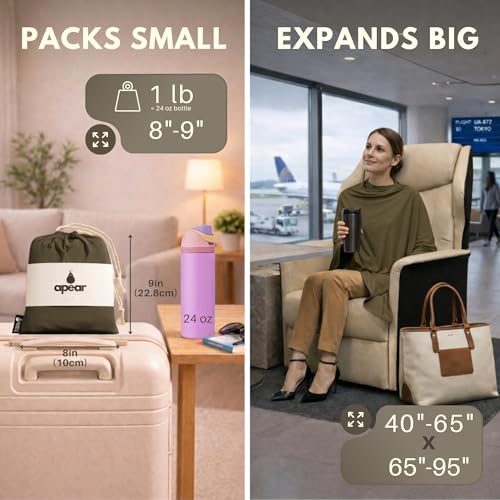16-in-1 Compact Travel Blanket with Bag – Reversible, Ultra Soft Bamboo Airplane Blanket with Hidden Pocket - Lightweight & Packable for Flights, Camping, Picnic, Travel Essentials (Olive/Black)