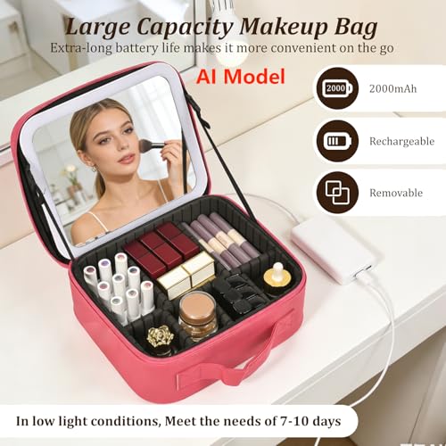 Travel Makeup Bag with Mirror & 6 Adjustable EVA Dividers