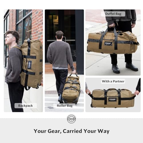 45/80/100L Rolling Duffel Bag with Wheels, Large Durable Travel Duffle + Toiletry Bag, Heavy Duty, Packable, Foldable with Shoulder Straps- Use as Luggage or Backpack, Men/Women (Tan)