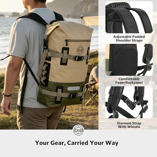 30/40/55L Waterproof Dry Backpack & Phone Case - Large Floating Dry Bag for Kayaking, Travel, Hiking, Fishing, Camping, Motorcycles & Beach, Heavy-Duty Roll Top Men/Women (Tan/Army Green/Brown)