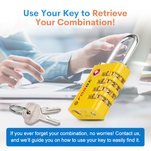 Dual-Opening: Key or Combination Access Lock, TSA Approved Locks for Luggage, Pelican case, Travel, Gym, School, Stainless Steel Shackle.(Yellow, 4 Pk)