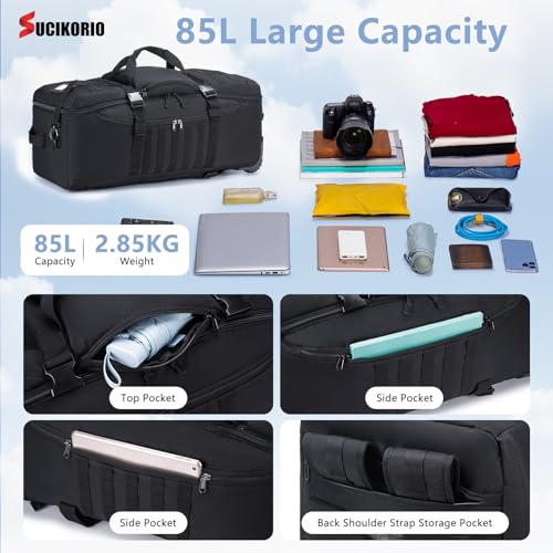Tactical Travel Duffle Bag with Wheels and Handle 3 in 1 Large 85L XL Rolling Travelling Backpack Waterproof Oxford Carry On Hand Luggage Deployment Bags with Combination Padlock
