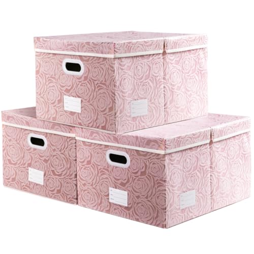 Extra Large Collapsible Storage Boxes with Lids Fabric Decorative Storage Bins Cubes Organizer Baskets with Cover Handles Divider for Bedroom Closet Living Room 19.6x15.7x11.8 Inch 3 Pack (3 Count)