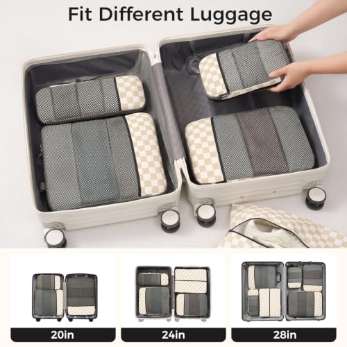 4 Set/6 Set/8 Set Compression Packing Cubes Travel Accessories Expandable Packing Organizers (Half Mesh, 6-Khaki Checkered) (6 Count)