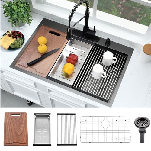 33x22 Black Drop In Kitchen Sink Workstation Stainless Steel Sink
