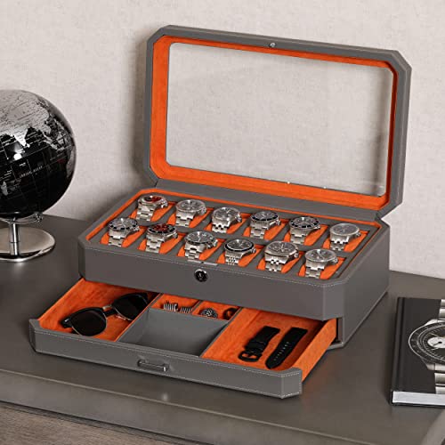12 Slot Leather Watch Box with Valet Drawer