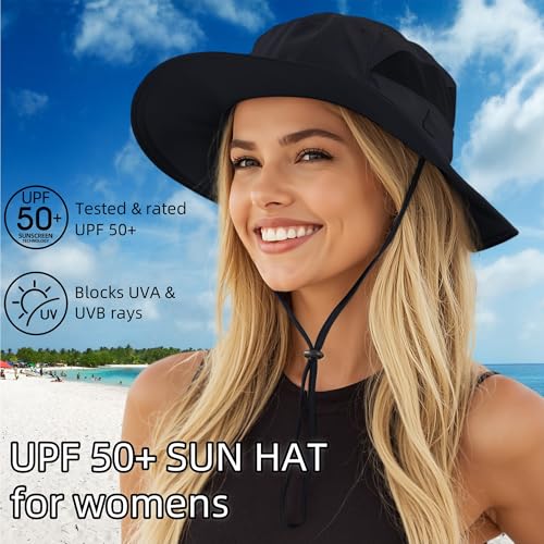 UPF 50+ Sun Protection Hat for Women Ladies Sun Hat Quick Dry Summer Beach Hats Foldable Outdoor Safari Hats Black