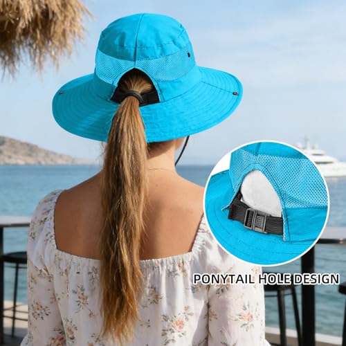 Ponytail Sun Bucket Hats for Women UV Protection Foldable Wide Brim