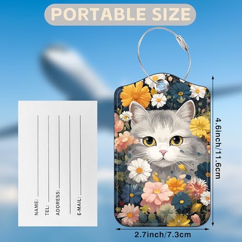2 Pack Luggage Tags for Suitcases Cute Cat with Colorful Flowers Leather Luggage Tags Privacy Cover ID Label with Stainless Steel Loop and Address Card for Women Men Travel Bag Backpack (2 Count)