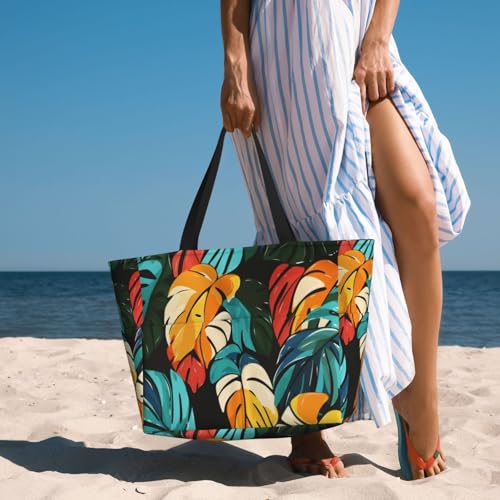 Beach Bag for Women Plam Leaves Print Beach Tote Bag Waterproof Sandproof Large Bags with Zipper Big Capacity for Travel