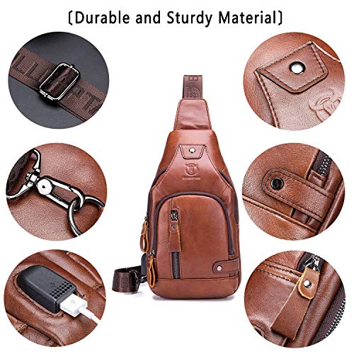 Leather Sling Bag Mens Chest Bag Casual Shoulder Crossbody Bags Travel Hiking Backpacks Daypack with USB Charging Port