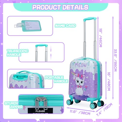 Cute Cat Kid’s Luggage Set 5 Piece Suitcase Set 16’’ Hardside Luggage with Spinner Wheels Girls Boys Carry on Toddler Luggage Travel Rolling Luggage Carry on Luggage Airline Approved (5 Count)