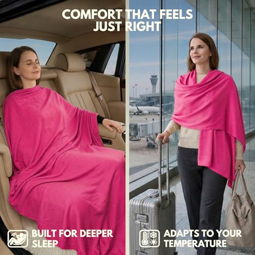16-in-1 Compact Travel Blanket with Bag – Reversible, Ultra Soft Bamboo Airplane Blanket with Hidden Pocket - Packable for Flights, Camping, Picnic, Travel Essentials (Pink/Black)