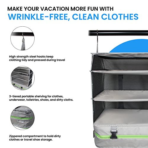Stow-N-Go Hanging Travel Shelves, Packing Organizer for Luggage. Carry on Closet for Suitcase. Expandable Packing Cube. Travel Essentials. (Light Gray - XL, XL = (L) 17.7" x (W) 11.8")