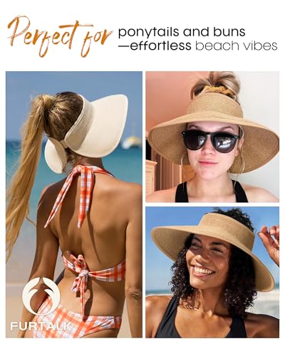 Womens Sun Visor Hats Wide Brim Straw Beach Hat UV Protection Ponytail Packable Beach Vacation Essentials Beige