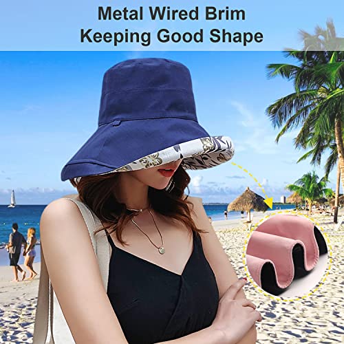 Women Floral Reversible Wide Brim Sun Hats Wired Edge Summer UPF Hat for Beach Hiking Garden Travel Lawn Work Chin Strap