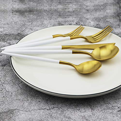 White Handle Matte Gold Silverware Set