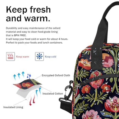Red Flower Floral Insulated Lunch Bag for Women Girl Reusable Lunch Tote Box With Shoulder Strap Lightweight Thermal Cooler Meal Prep Bag for Work School Office Picnic (A05:flower)