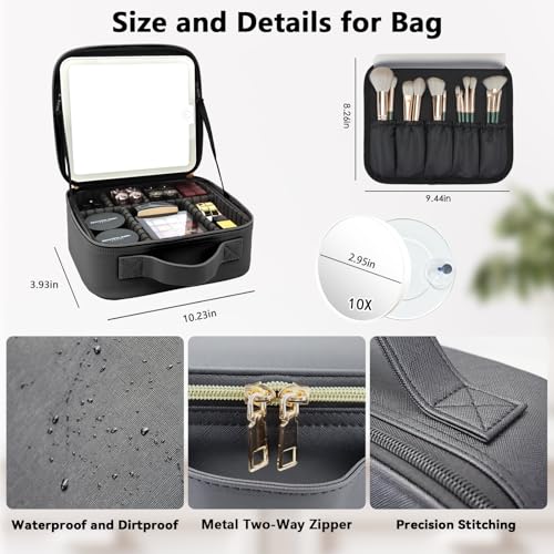 Travel Makeup Bag with LED Mirror and 10x magnifying glass with 3 Lighted Settings