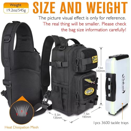 Small Fishing Backpack with Tackle Boxes Fishing Sling Bag DIY Embroidery Patches Tackle Bag Gift for Men Black