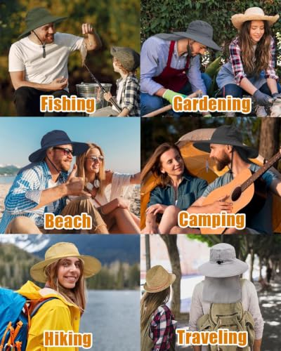Outdoor Sun Hats with Stowable Neck Flap for Men Women UPF 50+ Mesh Summer Bucket Hat Wide Brim for Fishing Safari Hiking Khaki