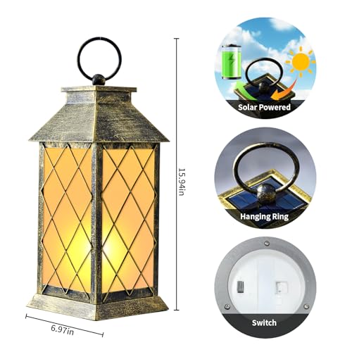 18" Solar Lanterns Outdoor Waterproof Flickering Flame Patina