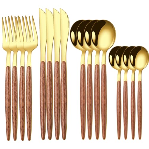 16 Pcs Gold Silverware Set with Simulated Wooden Handle for 4 (16 Count)