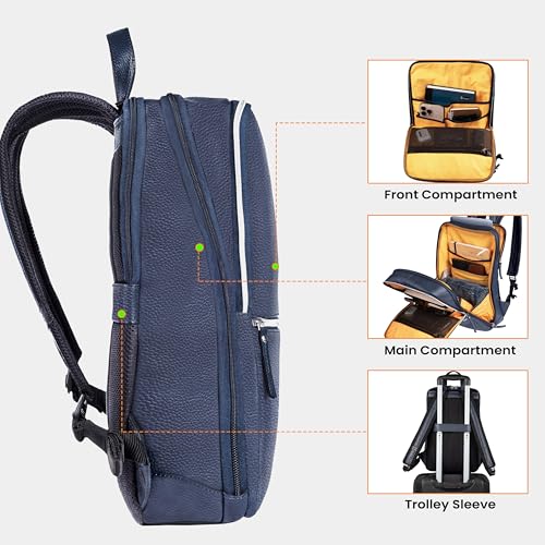 Leather Laptop Backpack for Men with Trolley Strap 16L Blue