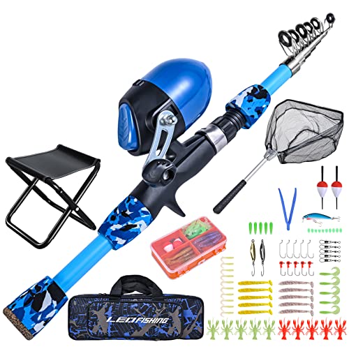 170cm 5.6ft Kids Fishing Rod Set Portable Telescopic Kids Fishing Poles with Collasible Chair Fishing Net Carrier Bag and Full Kits for Boys and GirlsBeginner and Youth