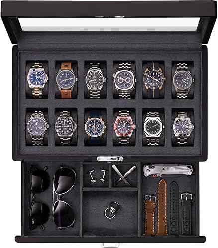 12 Slot Matte Black Watch Box with Valet Drawer