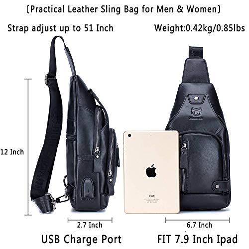 Leather Sling Bag Mens Chest Bag Casual Shoulder Crossbody Bags Travel Hiking Backpacks Daypack with USB Charging Port
