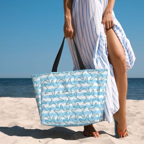 Waterproof Beach Tote Pool Bags for Women Ladies Extra Large Gym Tote Carry On Bag Wave starfish With Wet Compartment for Weekender Travel