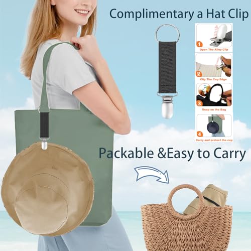 Womens Sun Hats Wide Brim Reversible Bucket Cotton Hat Packable Summer Travel Cap with Hat Clip