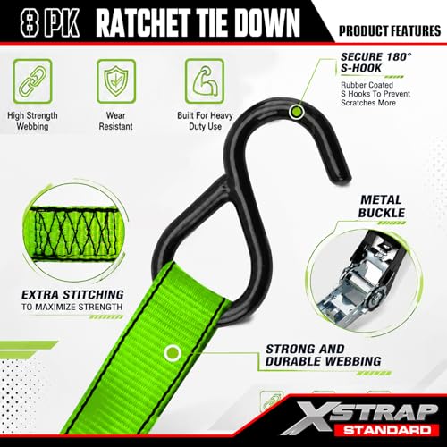 8 PK Ratchet Straps 1"x14ft Tie Down with Soft Loops (8 Count)