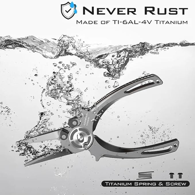 GOMEXUS Titanium Fishing Pliers 7'' with Side Cutters, Lanyard & Leather Sheath, Never Rust Hook Remover, Saltwater Resistant, Inshore & Nearshore Fishing (Split Ring Nose, 7 INCHES)