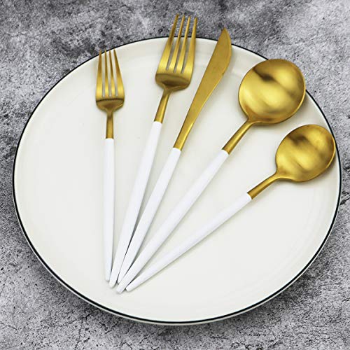 20-Piece 18/10 Stainless Steel Flatware Silverware, Luxury Dinnerware Set Travel Cutlery Tableware Include Knife Fork Spoon Service for 4, Dishwasher Safe (White Handle Matte Gold) (4 Count)