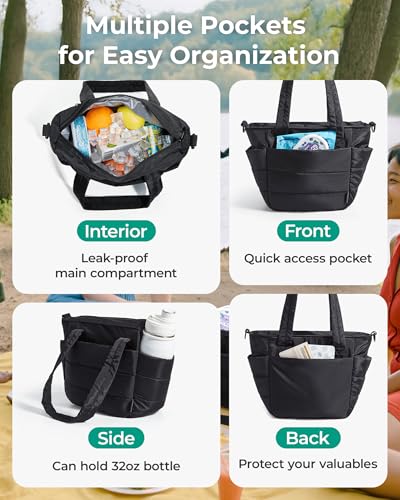 Lunch Bag Women Small Insulated Tote with Lunch Compartment Quilted Lightweight Puffy Tote Bag for Work (Coffee Brown)